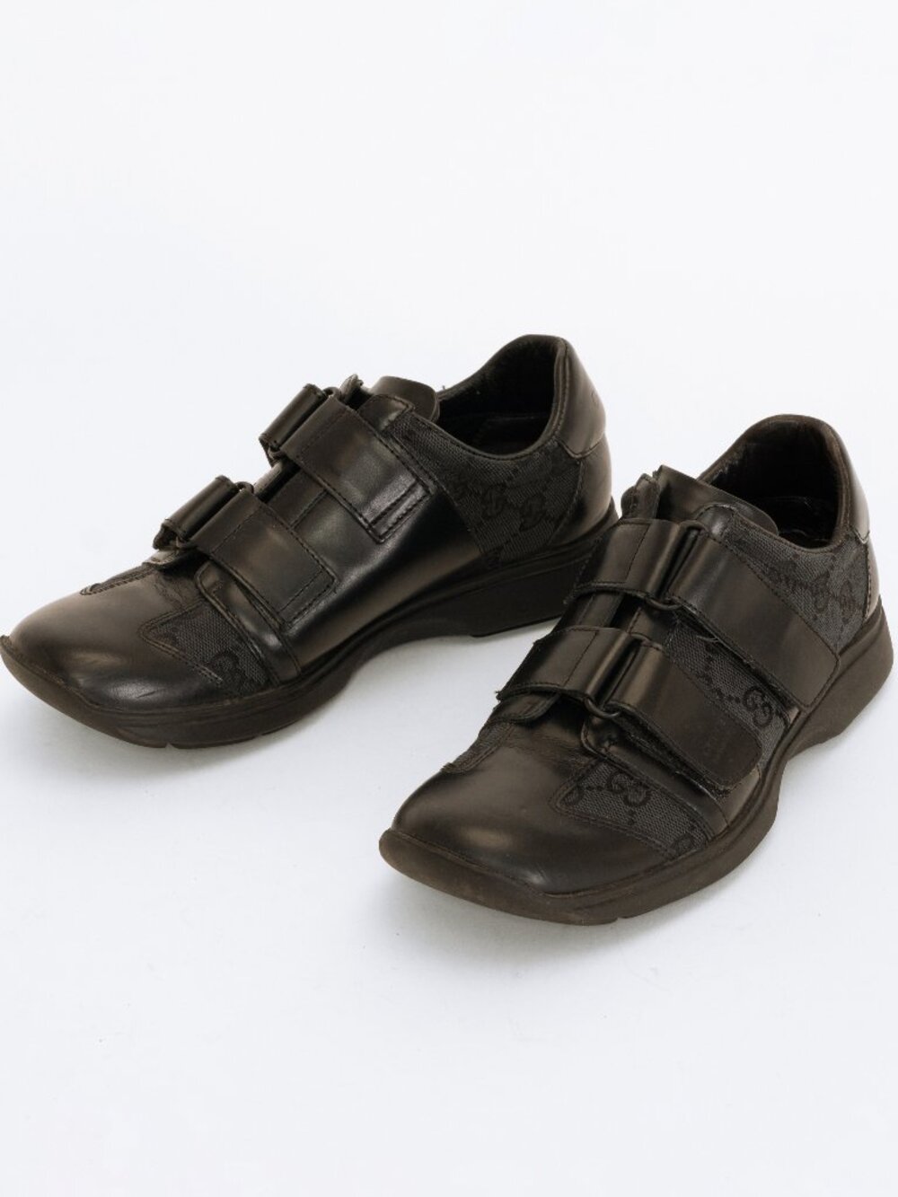 Gucci Black Leather GG Velcro Strap Sneakers - Size 5